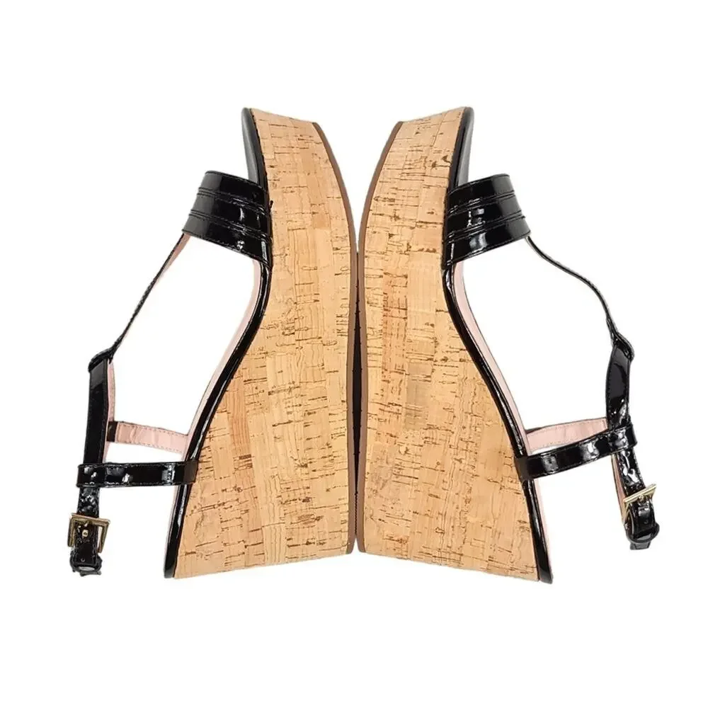 Kate Spade Tallin Cork Wedge Heel Sandals Black Patent Leather